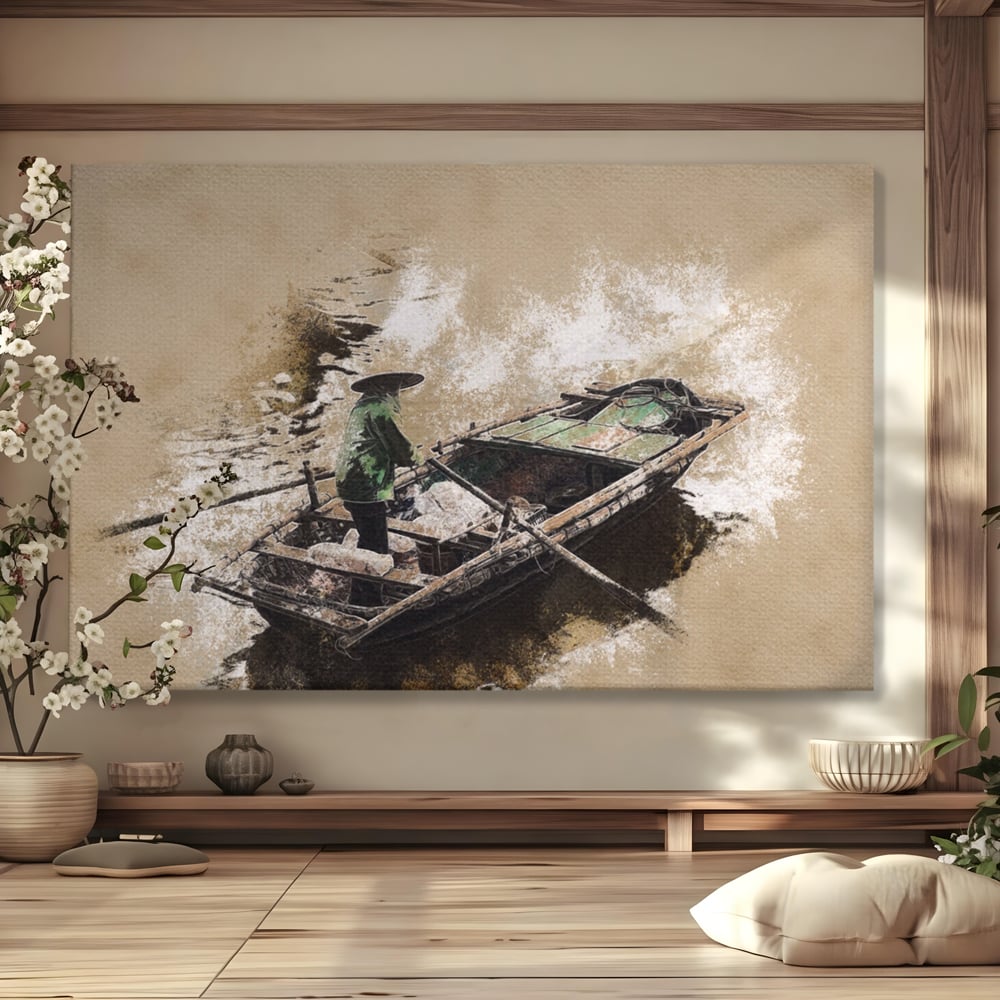Tablou Canvas Premium LuxCanva® A1280, Pescarul, Living, Barca, Lac, Vasle, Culori Vibrante