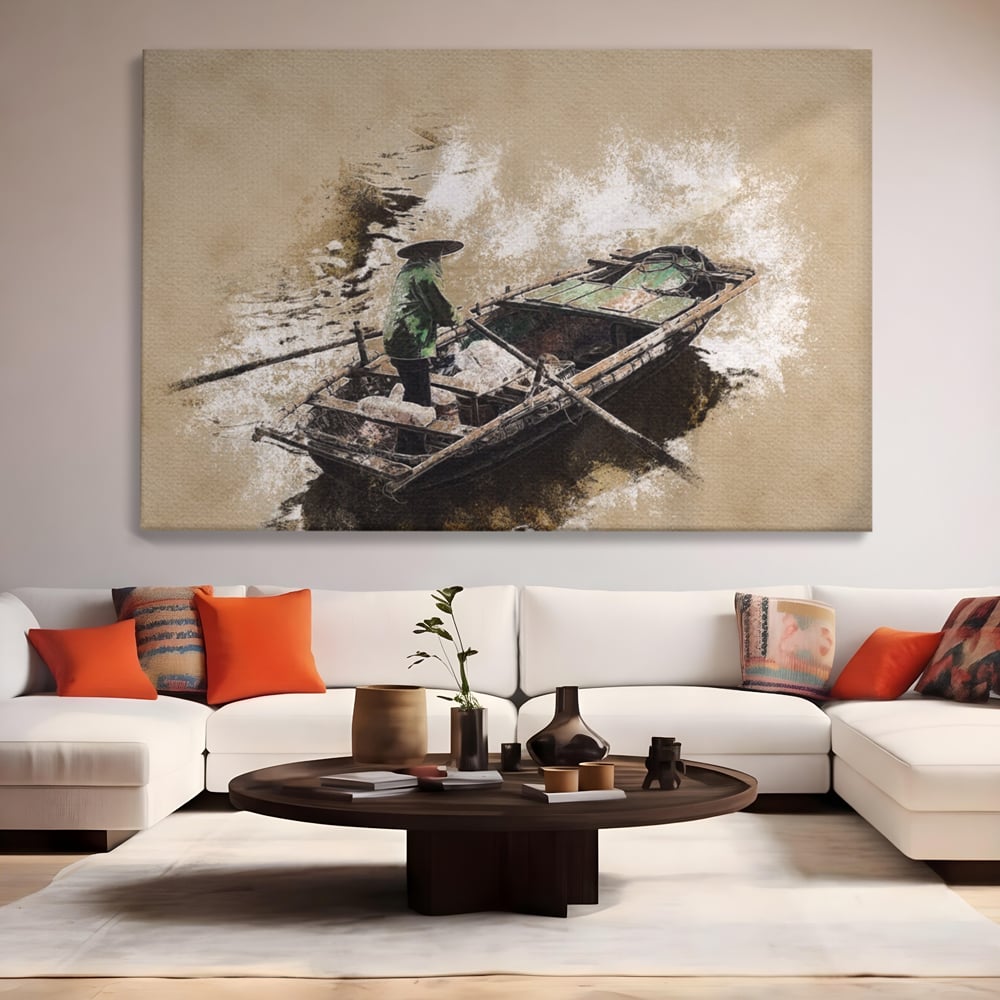 Tablou Canvas Premium LuxCanva® A1280, Pescarul, Living, Barca, Lac, Vasle, Culori Vibrante