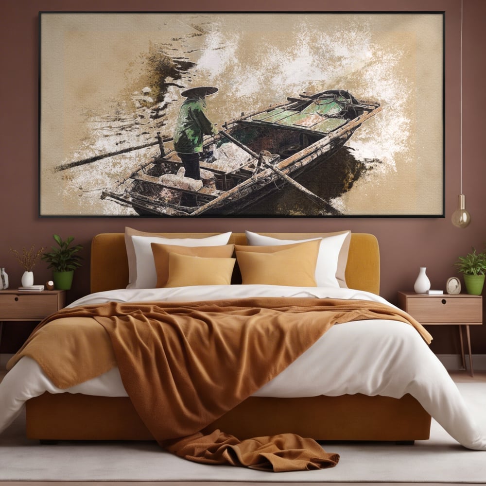 Tablou Canvas Premium LuxCanva® A1280, Pescarul, Living, Barca, Lac, Vasle, Culori Vibrante