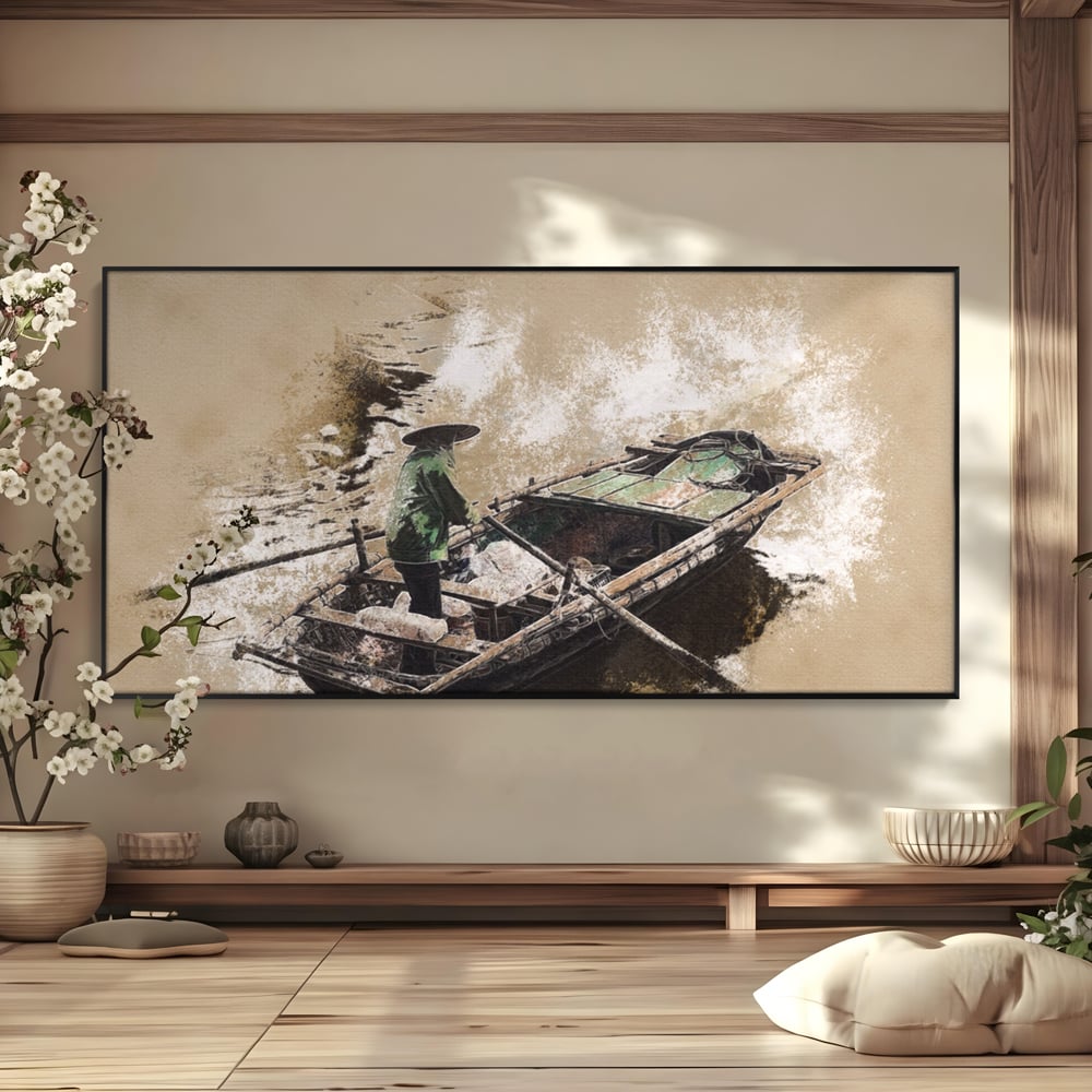Tablou Canvas Premium LuxCanva® A1280, Pescarul, Living, Barca, Lac, Vasle, Culori Vibrante
