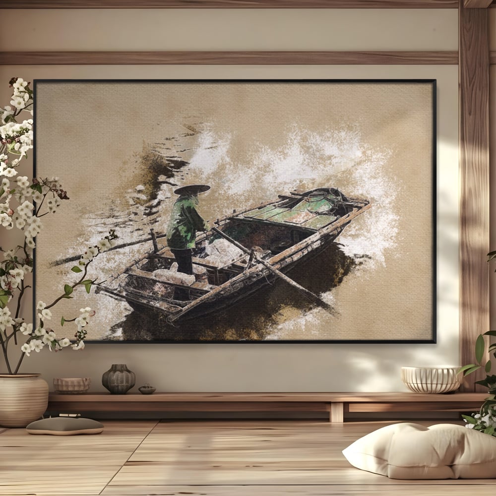 Tablou Canvas Premium LuxCanva® A1280, Pescarul, Living, Barca, Lac, Vasle, Culori Vibrante