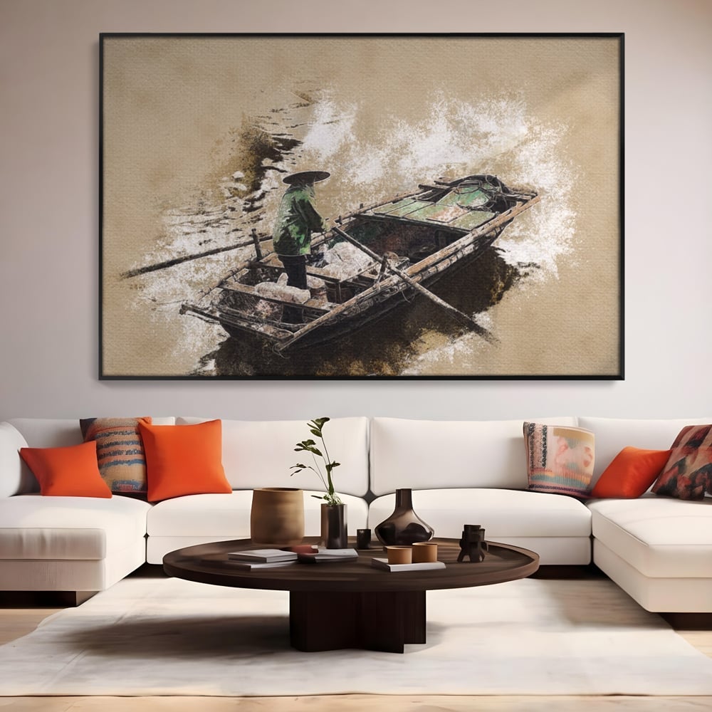 Tablou Canvas Premium LuxCanva® A1280, Pescarul, Living, Barca, Lac, Vasle, Culori Vibrante