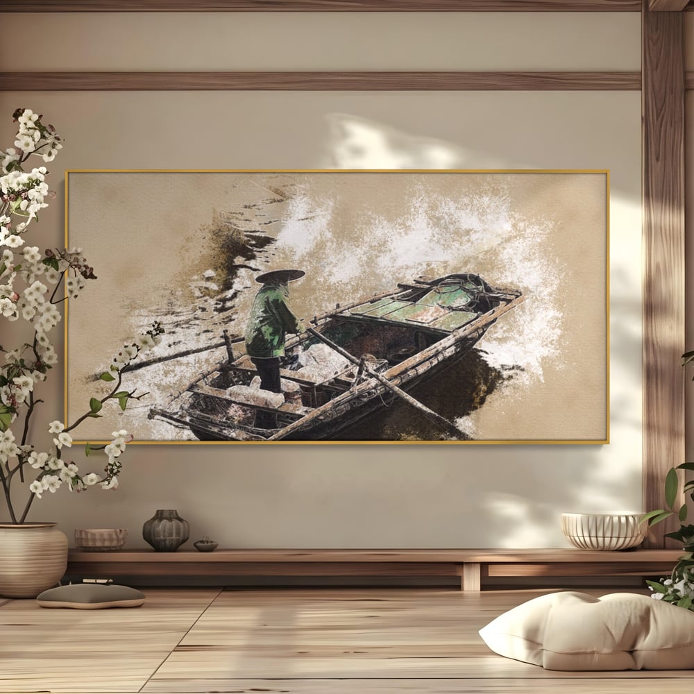 Tablou Canvas Premium LuxCanva® A1280, Pescarul, Living, Barca, Lac, Vasle, Culori Vibrante