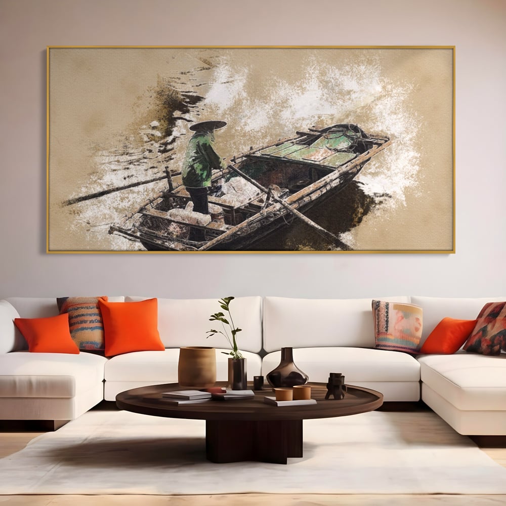 Tablou Canvas Premium LuxCanva® A1280, Pescarul, Living, Barca, Lac, Vasle, Culori Vibrante