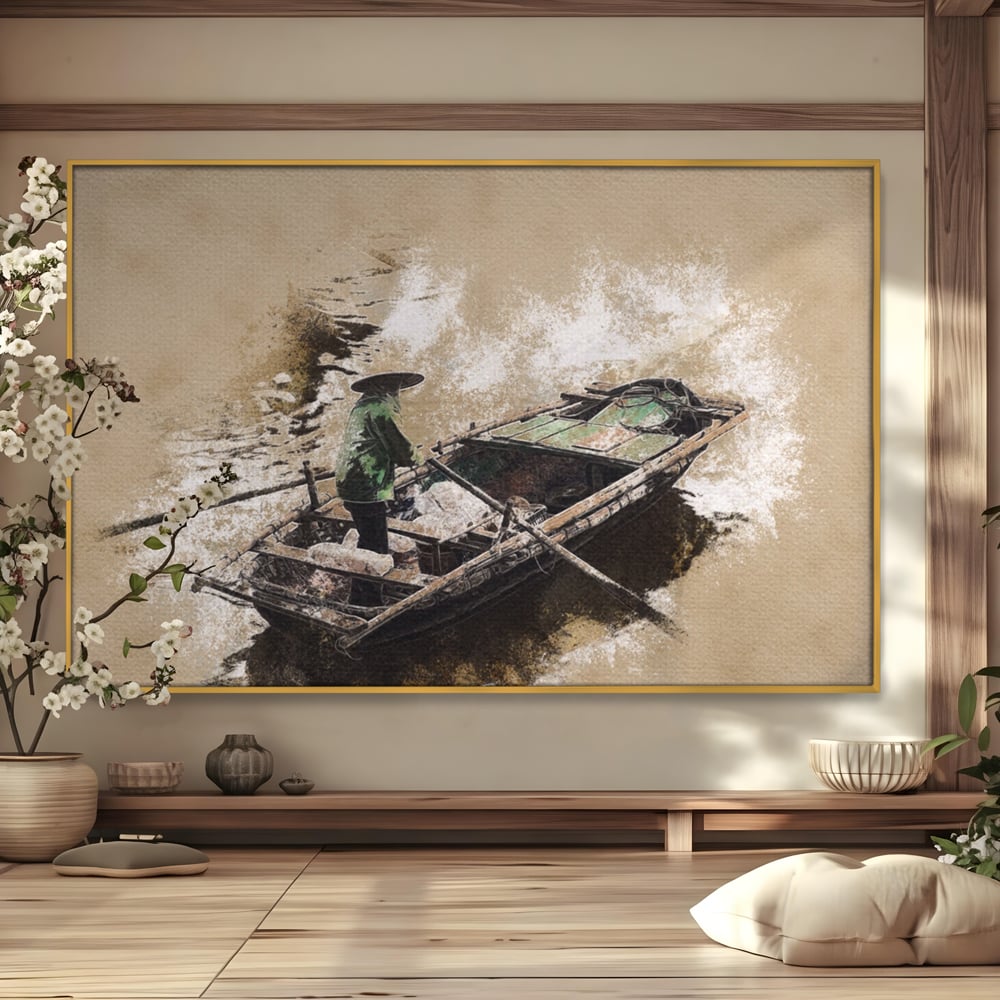 Tablou Canvas Premium LuxCanva® A1280, Pescarul, Living, Barca, Lac, Vasle, Culori Vibrante