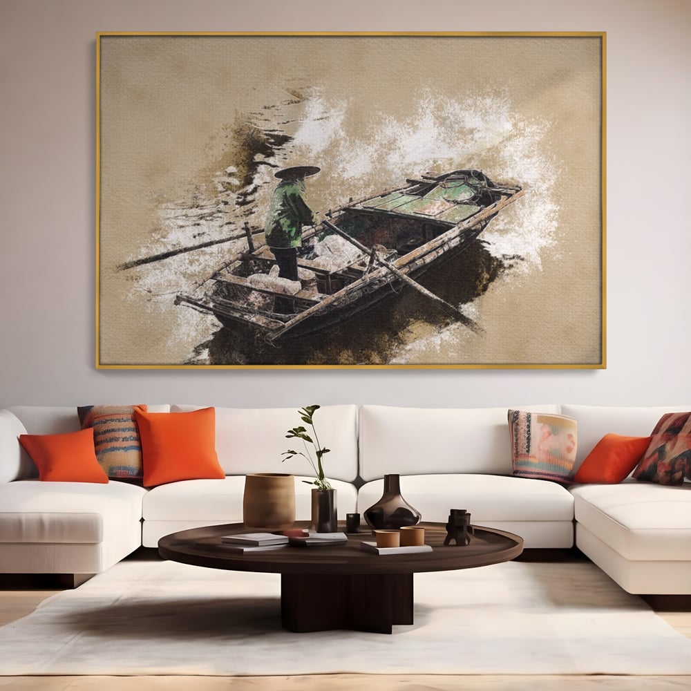 Tablou Canvas Premium LuxCanva® A1280, Pescarul, Living, Barca, Lac, Vasle, Culori Vibrante