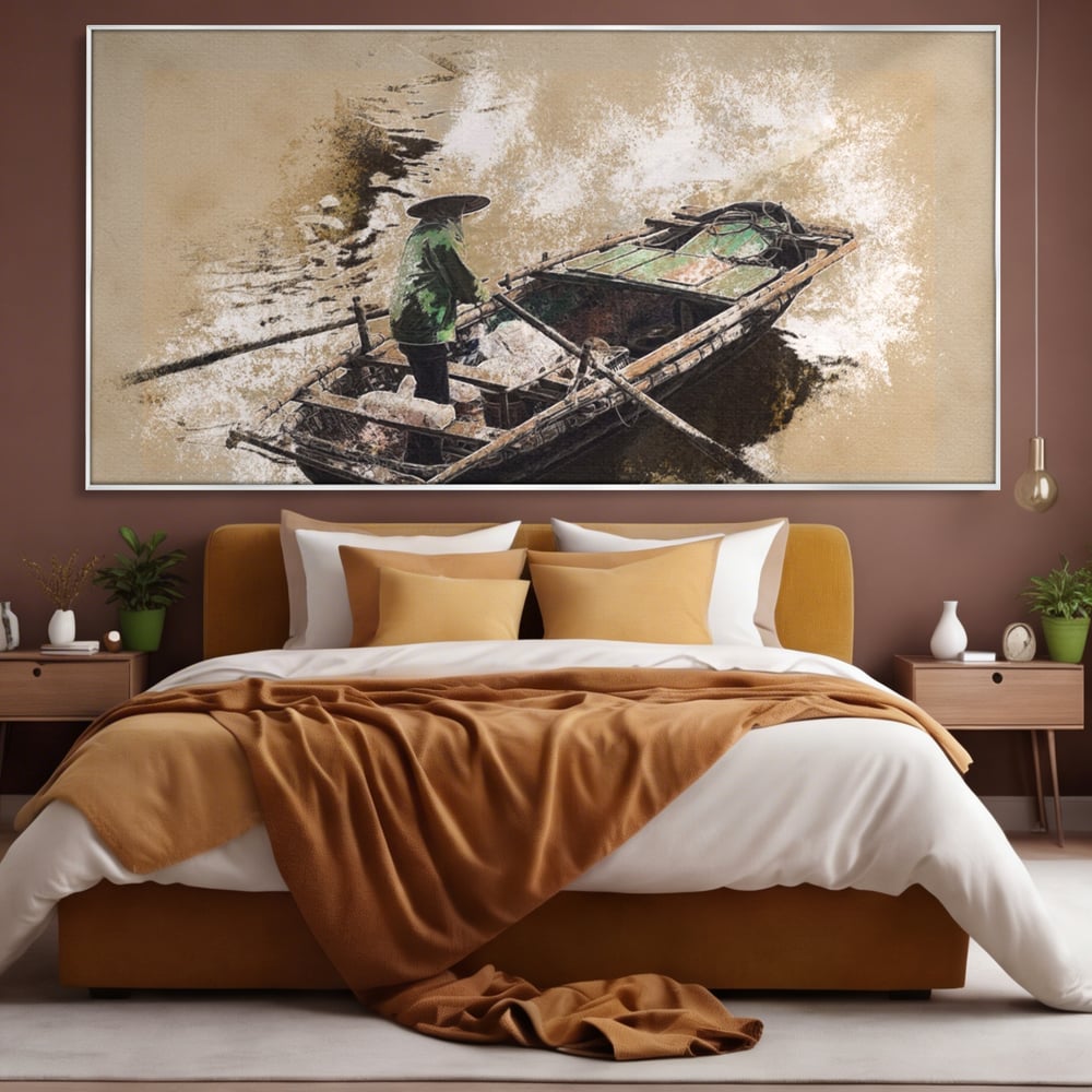 Tablou Canvas Premium LuxCanva® A1280, Pescarul, Living, Barca, Lac, Vasle, Culori Vibrante