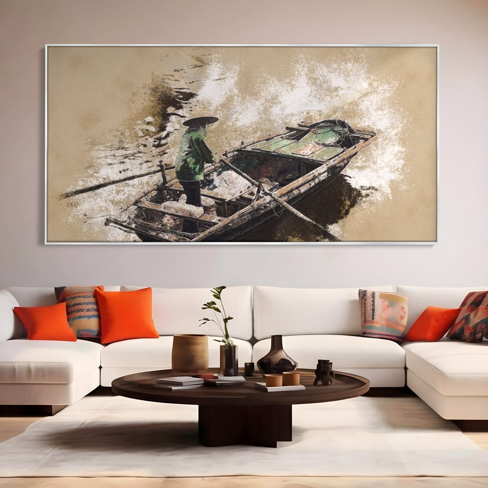 Tablou Canvas Premium LuxCanva® A1280, Pescarul, Living, Barca, Lac, Vasle, Culori Vibrante