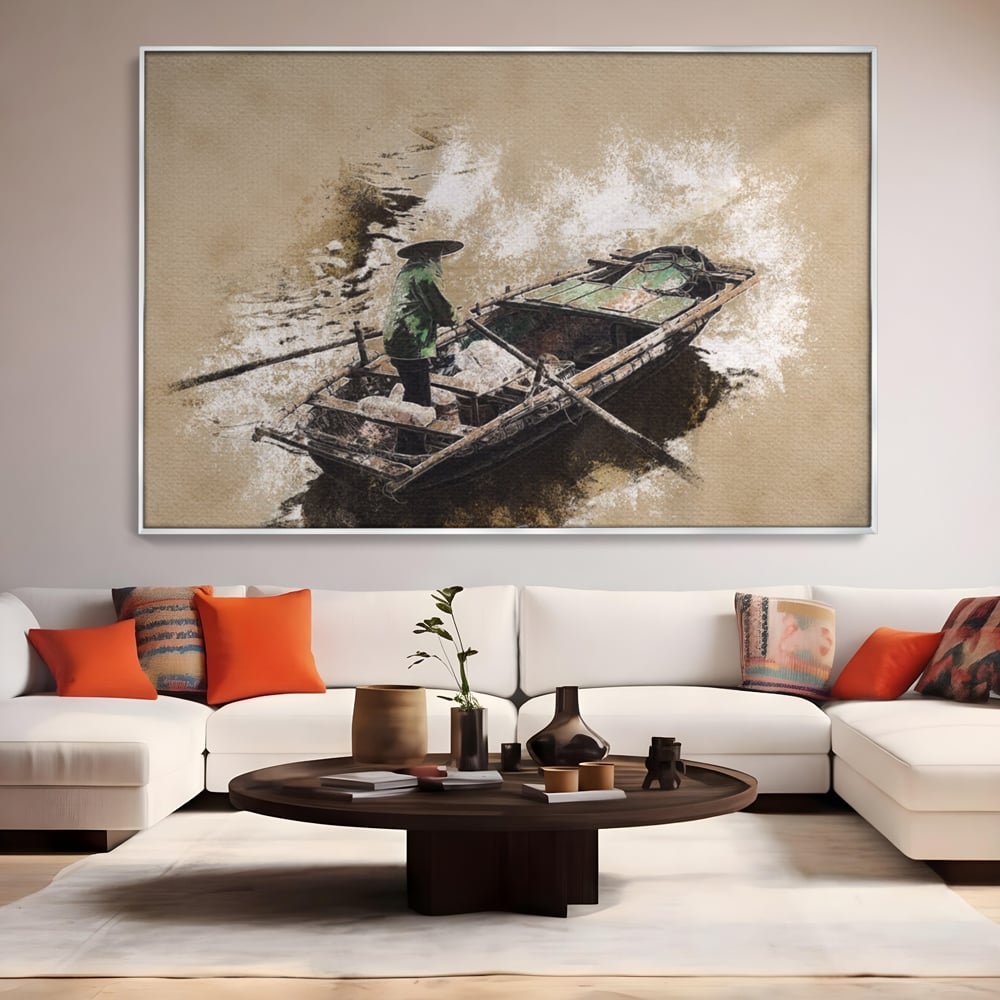 Tablou Canvas Premium LuxCanva® A1280, Pescarul, Living, Barca, Lac, Vasle, Culori Vibrante