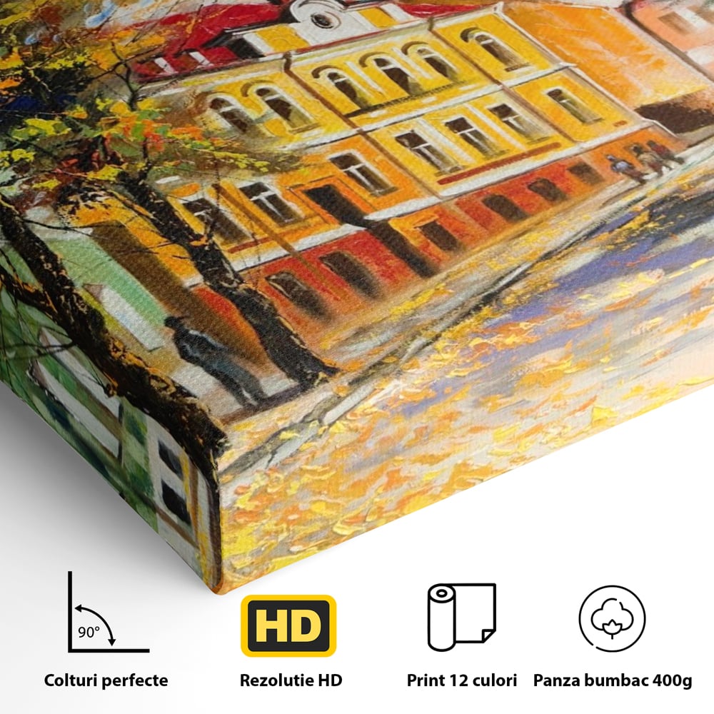 Tablou Canvas Premium LuxCanva® A1281, Oras La Ceas De Toamna, Living, Oameni, Cladiri, Strada, Dormitor, Culori Vibrante