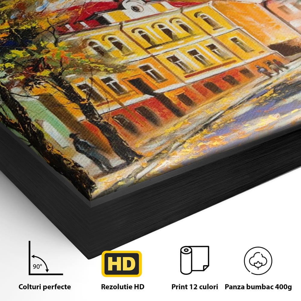Tablou Canvas Premium LuxCanva® A1281, Oras La Ceas De Toamna, Living, Oameni, Cladiri, Strada, Dormitor, Culori Vibrante