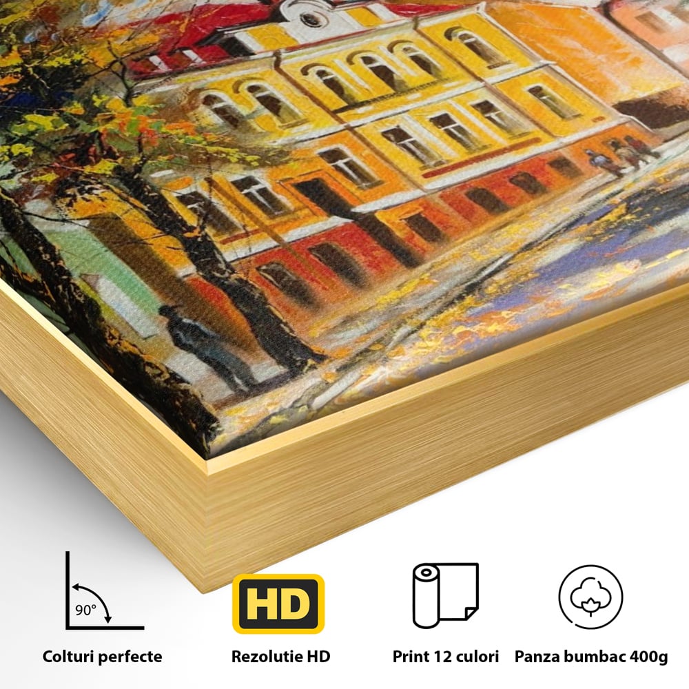 Tablou Canvas Premium LuxCanva® A1281, Oras La Ceas De Toamna, Living, Oameni, Cladiri, Strada, Dormitor, Culori Vibrante