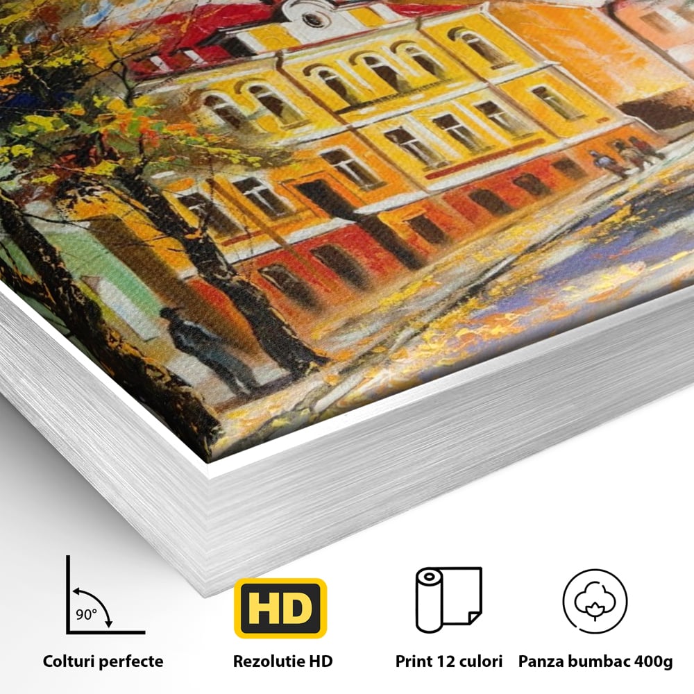 Tablou Canvas Premium LuxCanva® A1281, Oras La Ceas De Toamna, Living, Oameni, Cladiri, Strada, Dormitor, Culori Vibrante