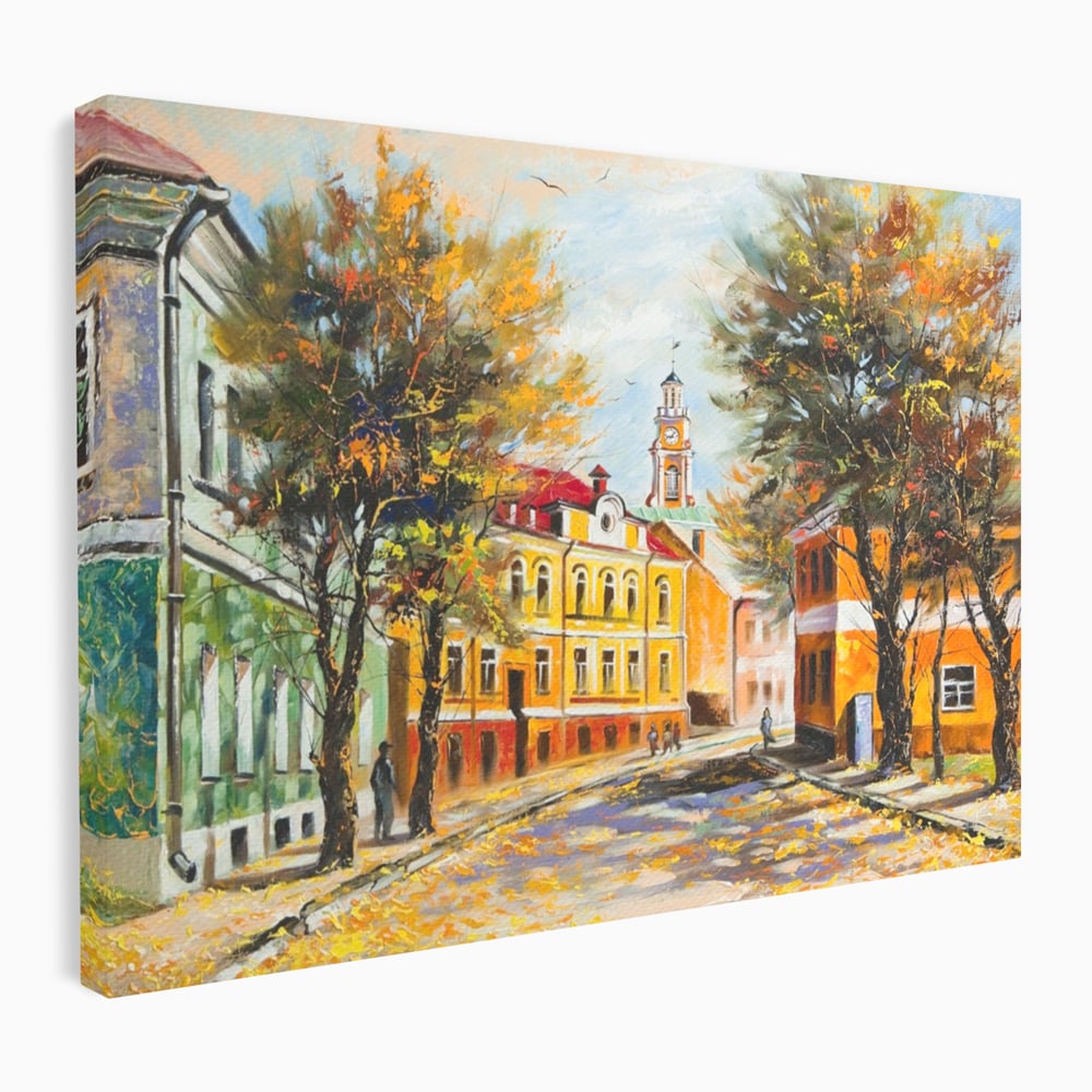 Tablou Canvas Premium LuxCanva® A1281, Oras La Ceas De Toamna, Living, Oameni, Cladiri, Strada, Dormitor, Culori Vibrante