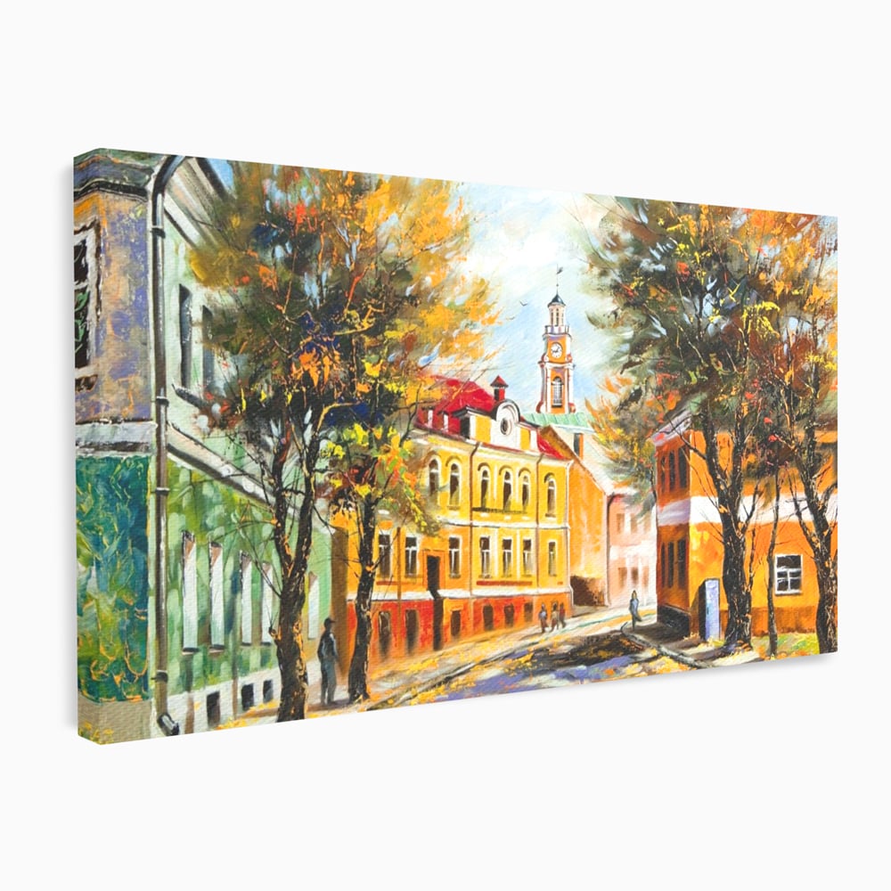 Tablou Canvas Premium LuxCanva® A1281, Oras La Ceas De Toamna, Living, Oameni, Cladiri, Strada, Dormitor, Culori Vibrante