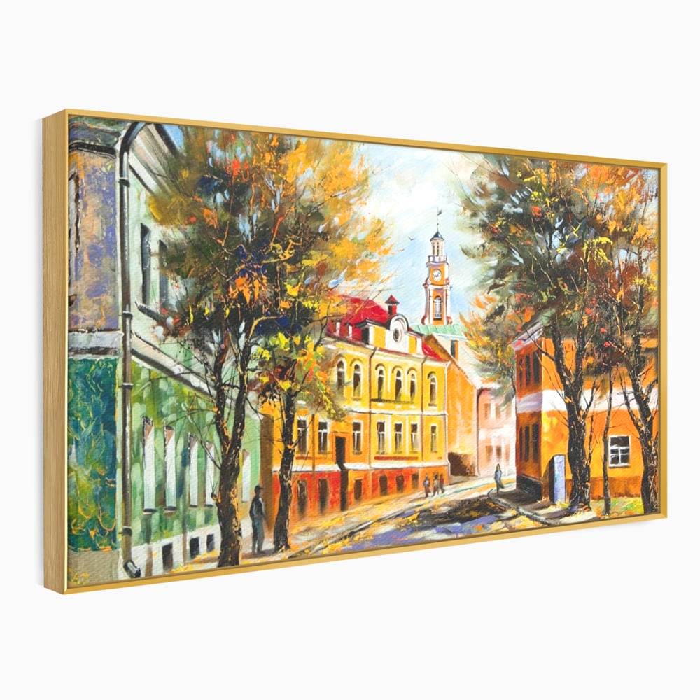 Tablou Canvas Premium LuxCanva® A1281, Oras La Ceas De Toamna, Living, Oameni, Cladiri, Strada, Dormitor, Culori Vibrante