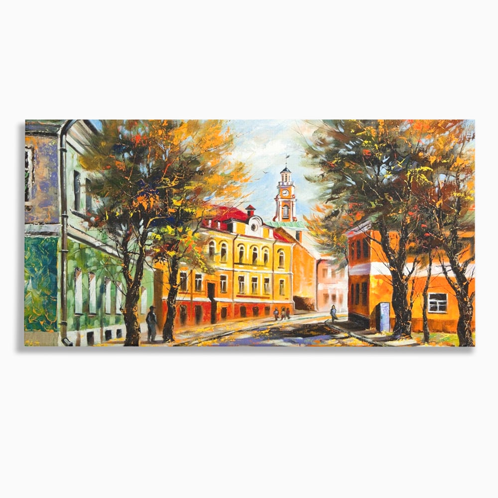 Tablou Canvas Premium LuxCanva® A1281, Oras La Ceas De Toamna, Living, Oameni, Cladiri, Strada, Dormitor, Culori Vibrante
