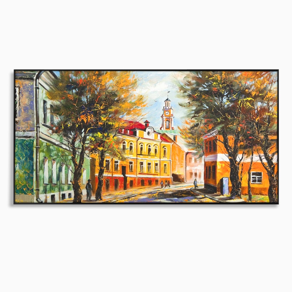 Tablou Canvas Premium LuxCanva® A1281, Oras La Ceas De Toamna, Living, Oameni, Cladiri, Strada, Dormitor, Culori Vibrante