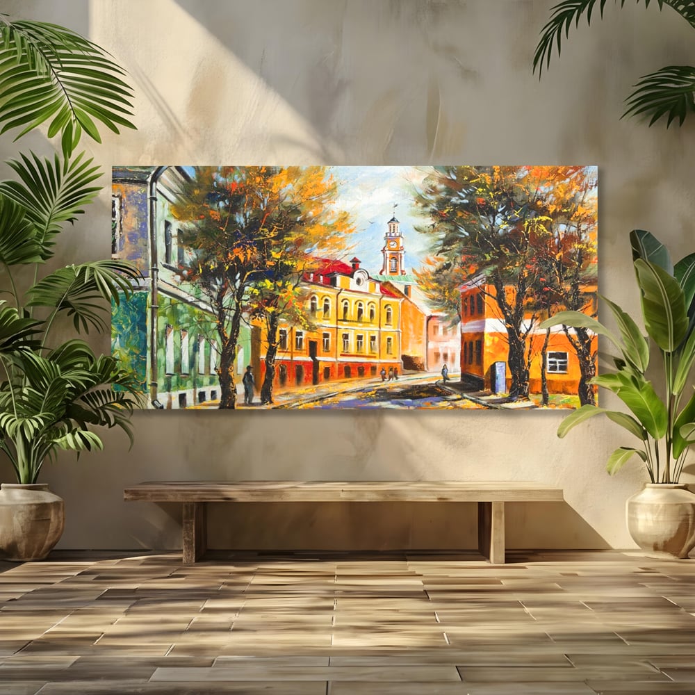 Tablou Canvas Premium LuxCanva® A1281, Oras La Ceas De Toamna, Living, Oameni, Cladiri, Strada, Dormitor, Culori Vibrante