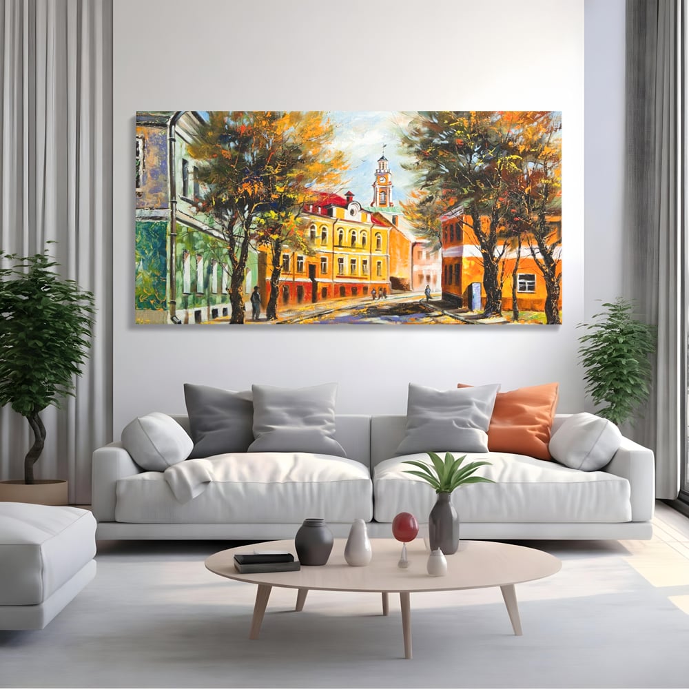 Tablou Canvas Premium LuxCanva® A1281, Oras La Ceas De Toamna, Living, Oameni, Cladiri, Strada, Dormitor, Culori Vibrante
