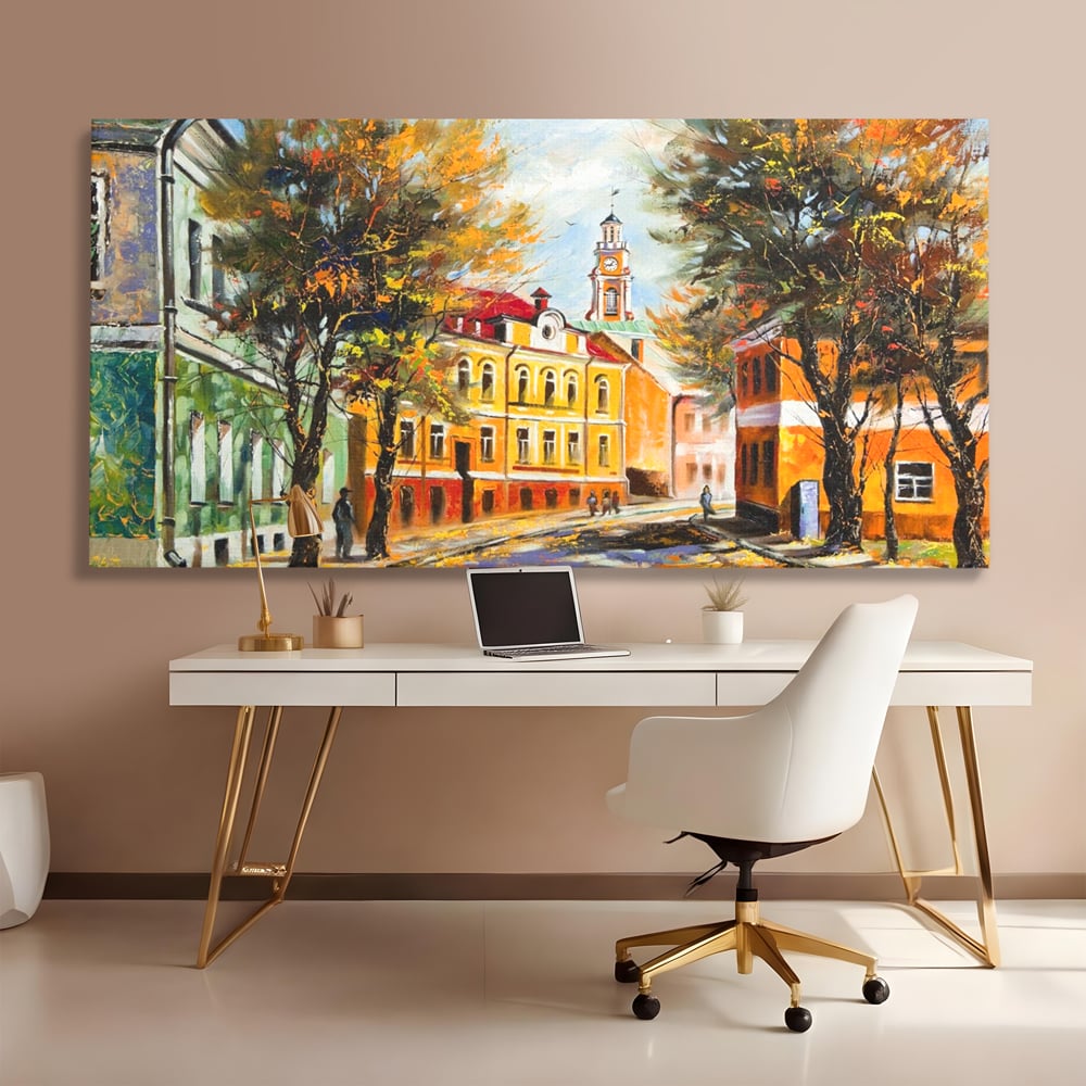 Tablou Canvas Premium LuxCanva® A1281, Oras La Ceas De Toamna, Living, Oameni, Cladiri, Strada, Dormitor, Culori Vibrante