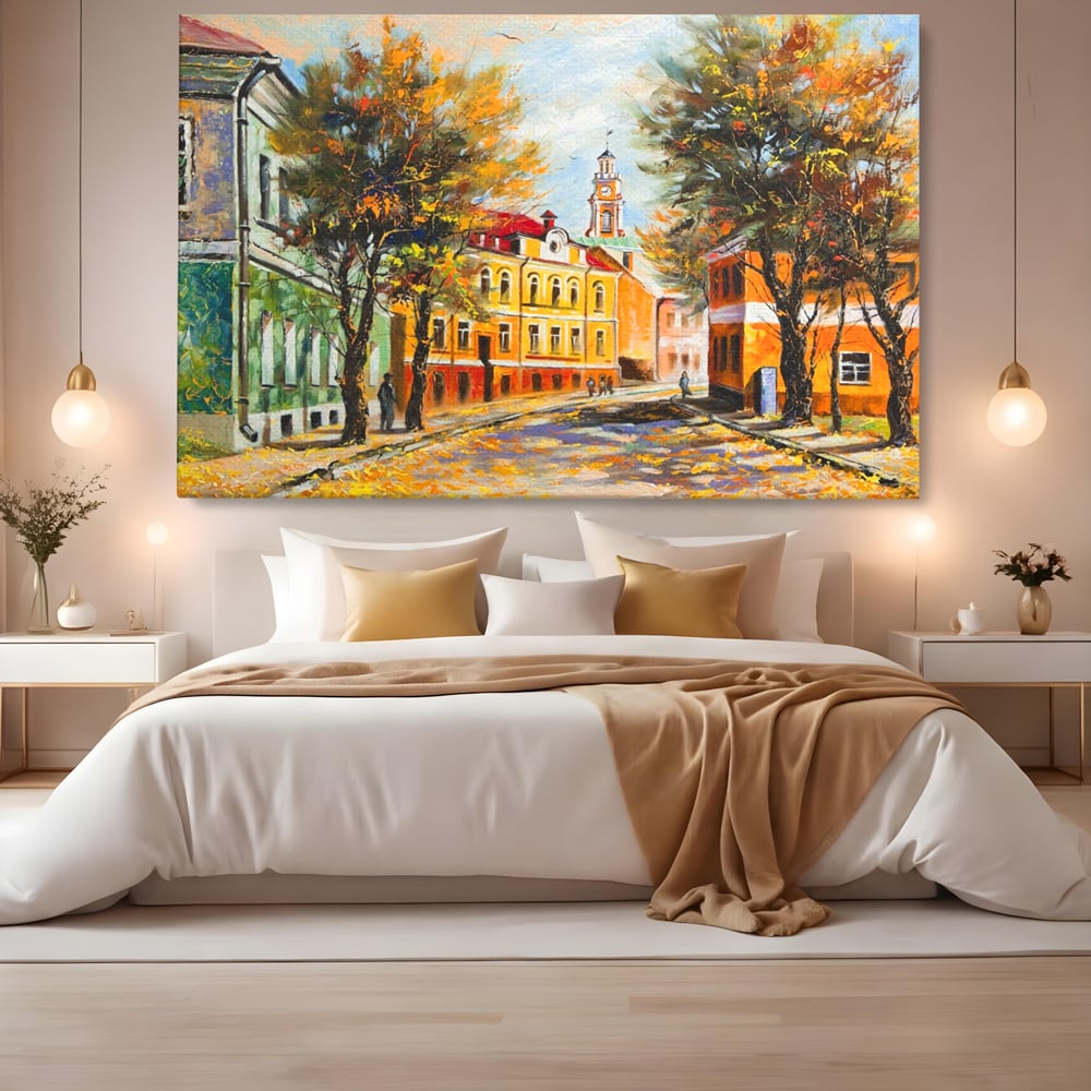 Tablou Canvas Premium LuxCanva® A1281, Oras La Ceas De Toamna, Living, Oameni, Cladiri, Strada, Dormitor, Culori Vibrante