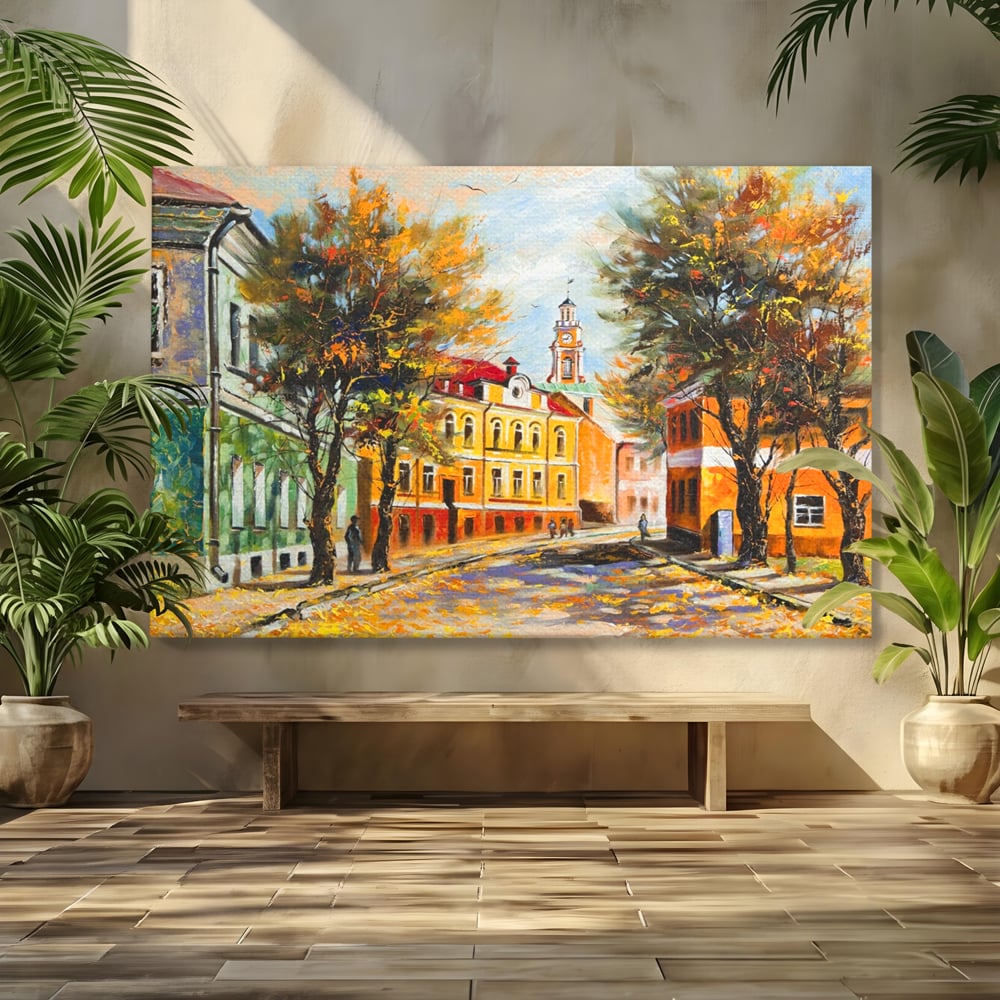 Tablou Canvas Premium LuxCanva® A1281, Oras La Ceas De Toamna, Living, Oameni, Cladiri, Strada, Dormitor, Culori Vibrante