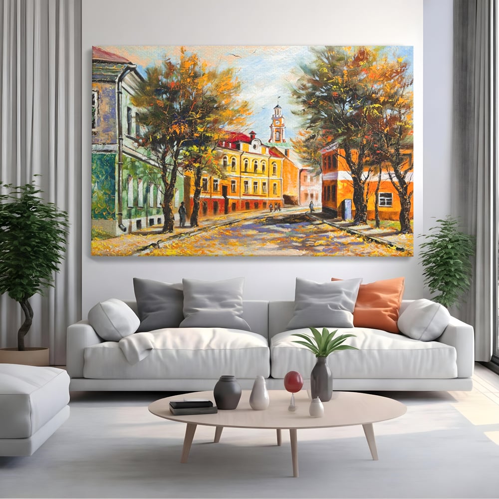 Tablou Canvas Premium LuxCanva® A1281, Oras La Ceas De Toamna, Living, Oameni, Cladiri, Strada, Dormitor, Culori Vibrante