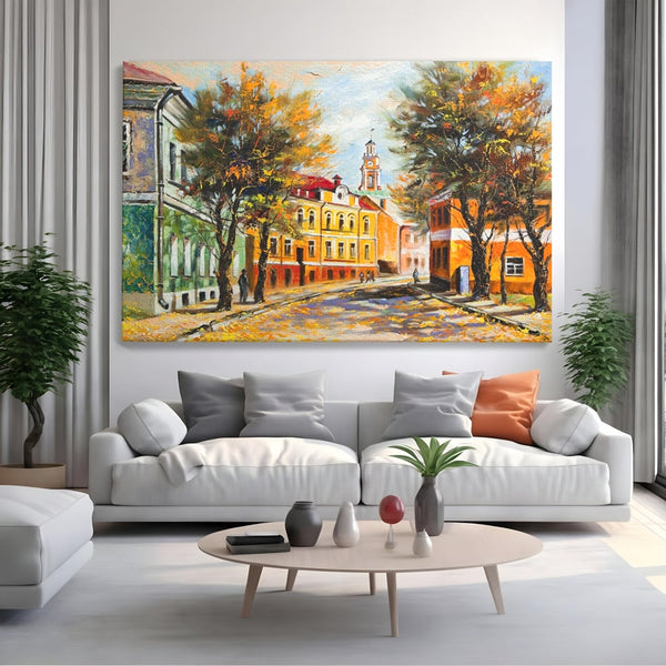 Tablou Canvas Premium LuxCanva® A1281, Oras La Ceas De Toamna, Living, Oameni, Cladiri, Strada, Dormitor, Culori Vibrante