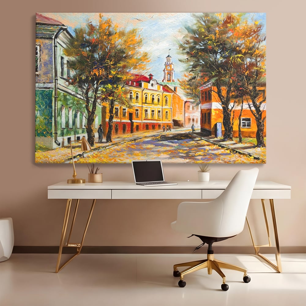 Tablou Canvas Premium LuxCanva® A1281, Oras La Ceas De Toamna, Living, Oameni, Cladiri, Strada, Dormitor, Culori Vibrante