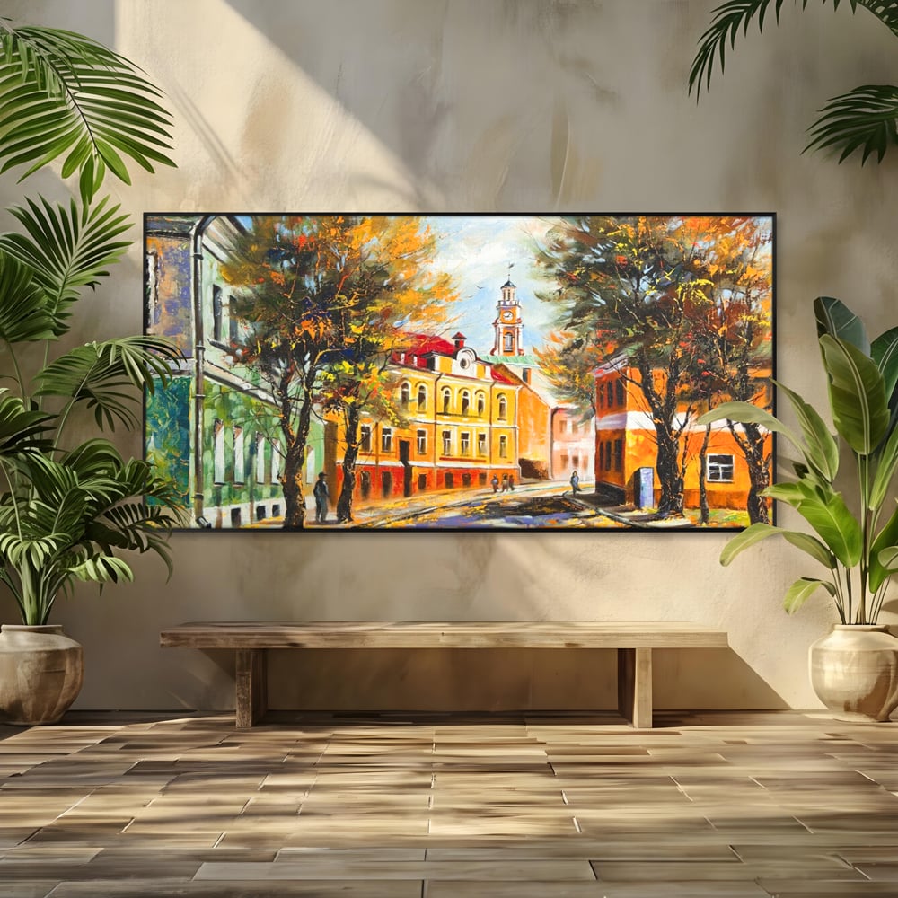 Tablou Canvas Premium LuxCanva® A1281, Oras La Ceas De Toamna, Living, Oameni, Cladiri, Strada, Dormitor, Culori Vibrante