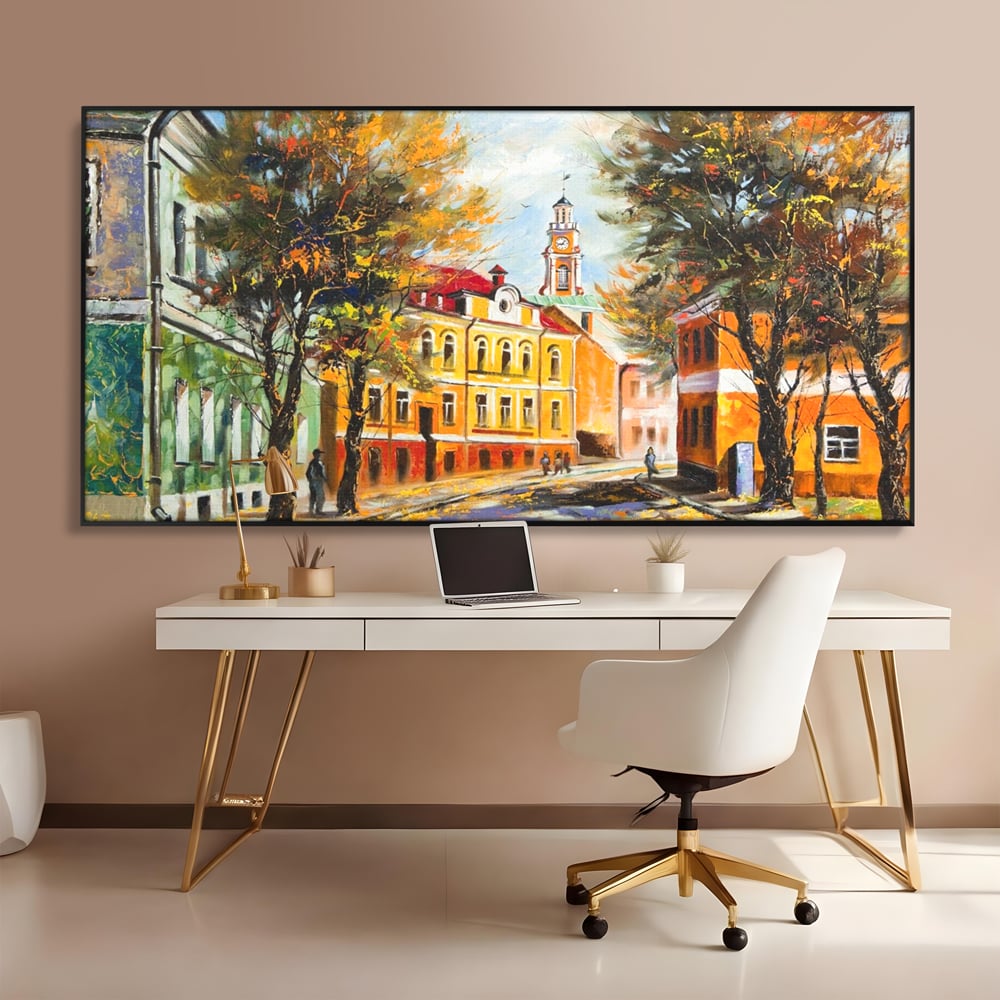 Tablou Canvas Premium LuxCanva® A1281, Oras La Ceas De Toamna, Living, Oameni, Cladiri, Strada, Dormitor, Culori Vibrante