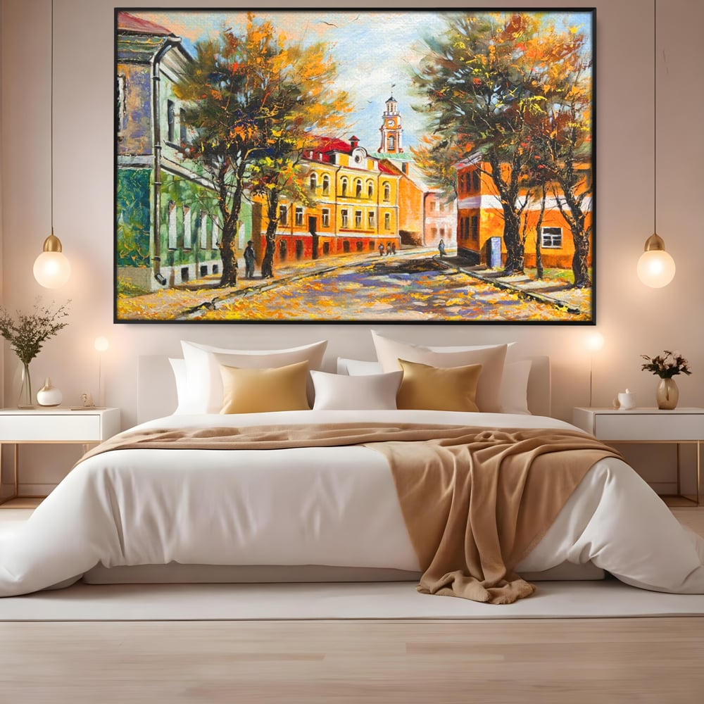 Tablou Canvas Premium LuxCanva® A1281, Oras La Ceas De Toamna, Living, Oameni, Cladiri, Strada, Dormitor, Culori Vibrante
