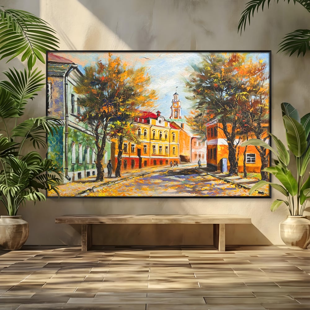 Tablou Canvas Premium LuxCanva® A1281, Oras La Ceas De Toamna, Living, Oameni, Cladiri, Strada, Dormitor, Culori Vibrante