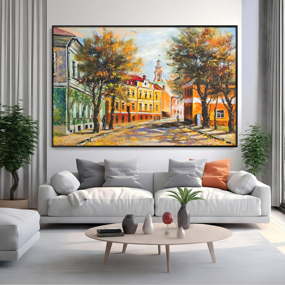 Tablou Canvas Premium LuxCanva® A1281, Oras La Ceas De Toamna, Living, Oameni, Cladiri, Strada, Dormitor, Culori Vibrante