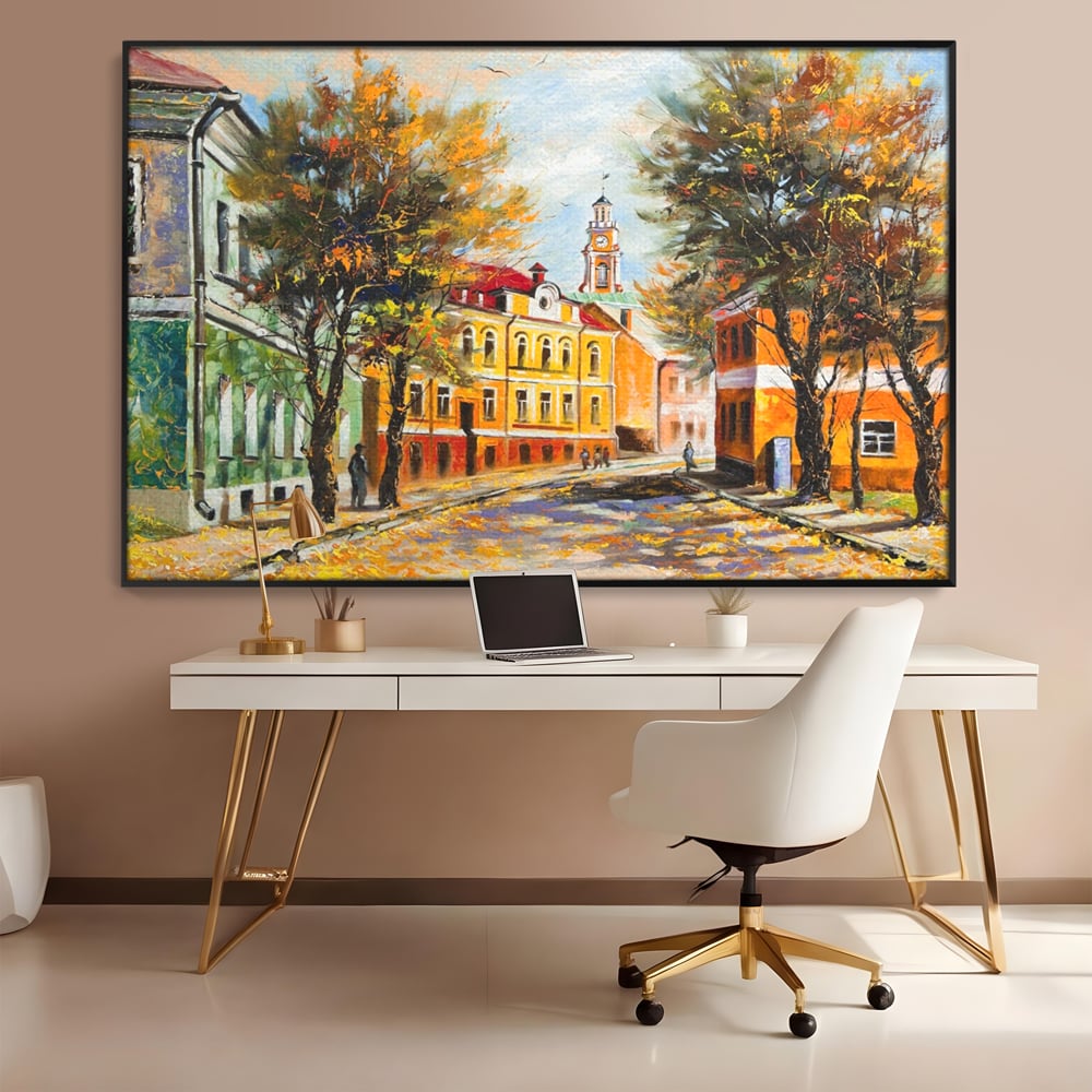 Tablou Canvas Premium LuxCanva® A1281, Oras La Ceas De Toamna, Living, Oameni, Cladiri, Strada, Dormitor, Culori Vibrante