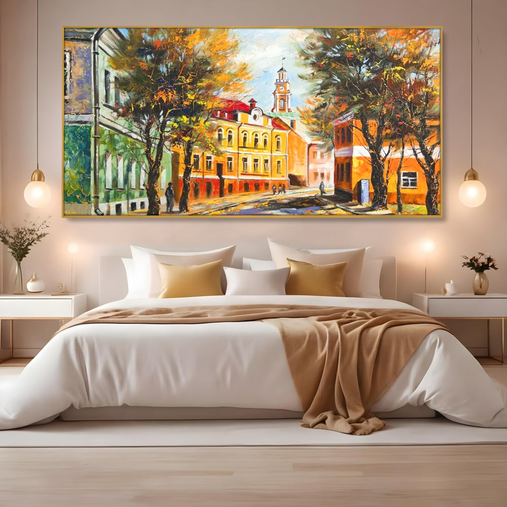 Tablou Canvas Premium LuxCanva® A1281, Oras La Ceas De Toamna, Living, Oameni, Cladiri, Strada, Dormitor, Culori Vibrante
