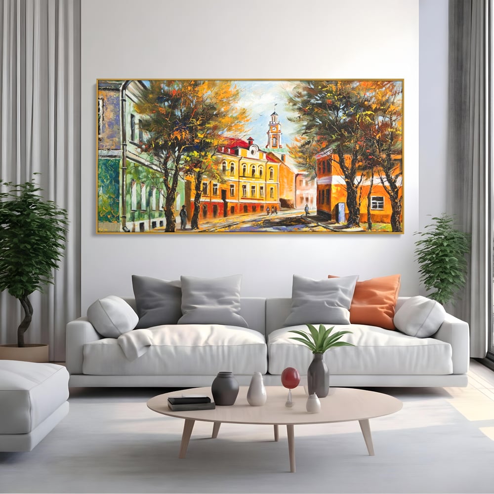 Tablou Canvas Premium LuxCanva® A1281, Oras La Ceas De Toamna, Living, Oameni, Cladiri, Strada, Dormitor, Culori Vibrante
