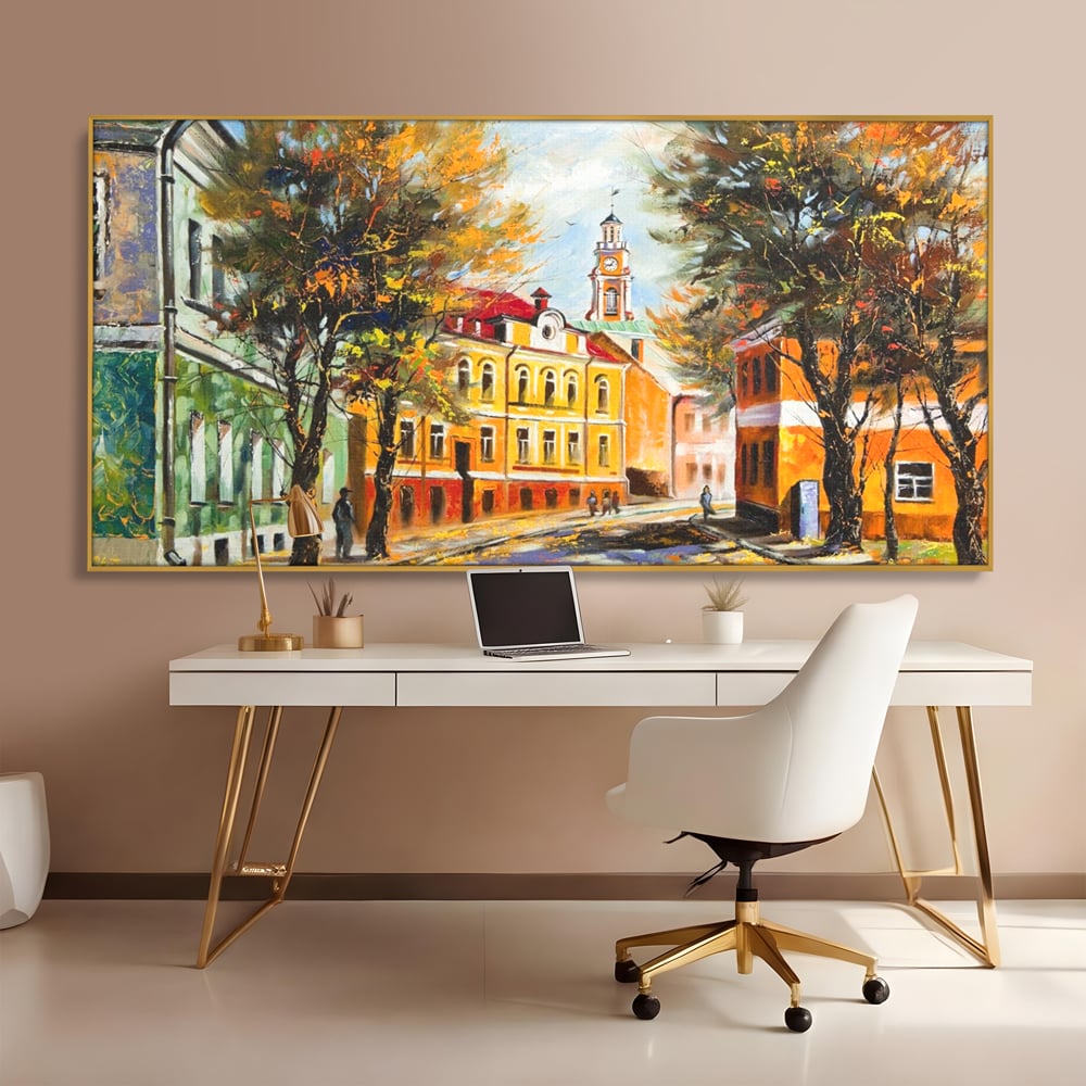 Tablou Canvas Premium LuxCanva® A1281, Oras La Ceas De Toamna, Living, Oameni, Cladiri, Strada, Dormitor, Culori Vibrante