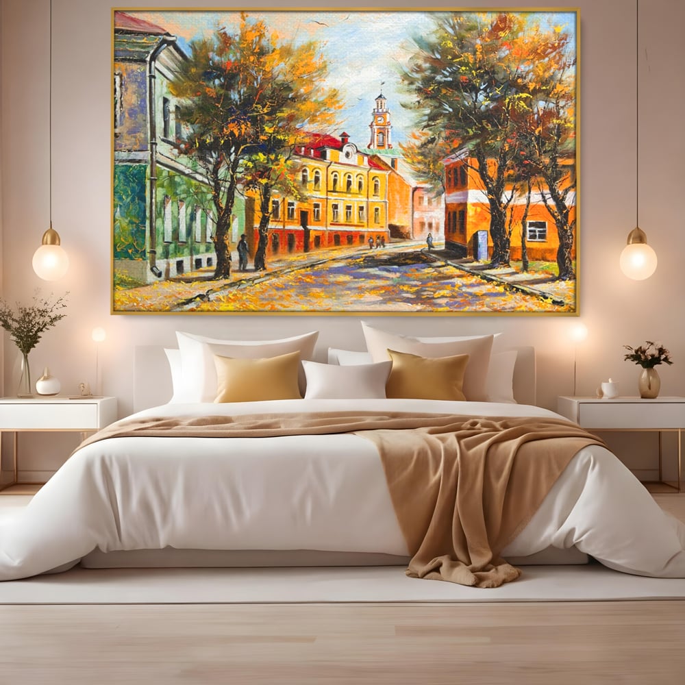 Tablou Canvas Premium LuxCanva® A1281, Oras La Ceas De Toamna, Living, Oameni, Cladiri, Strada, Dormitor, Culori Vibrante