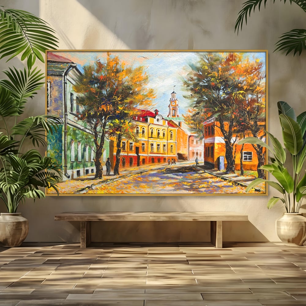 Tablou Canvas Premium LuxCanva® A1281, Oras La Ceas De Toamna, Living, Oameni, Cladiri, Strada, Dormitor, Culori Vibrante