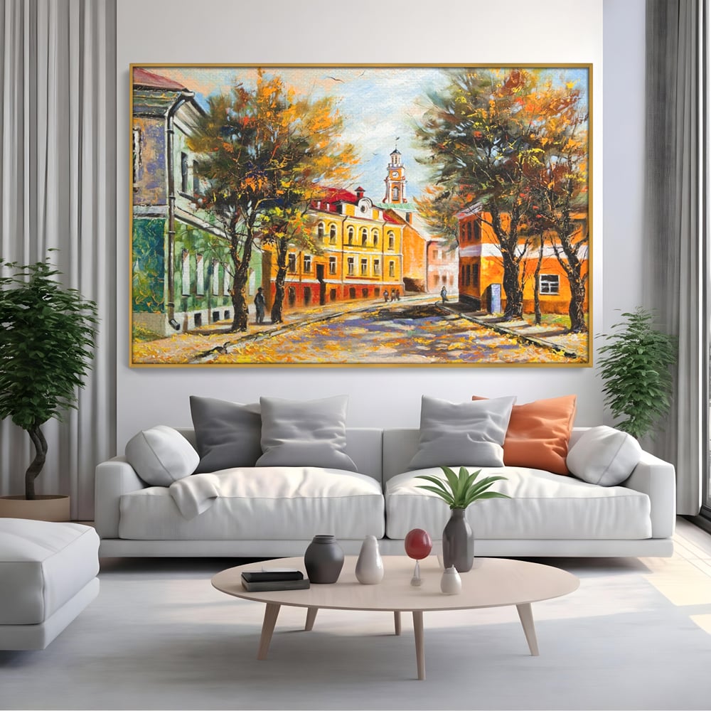 Tablou Canvas Premium LuxCanva® A1281, Oras La Ceas De Toamna, Living, Oameni, Cladiri, Strada, Dormitor, Culori Vibrante