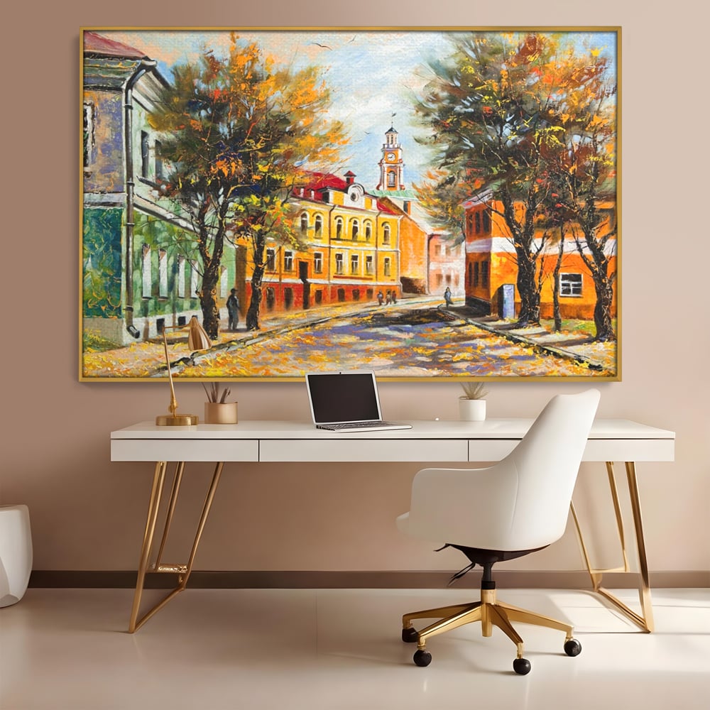 Tablou Canvas Premium LuxCanva® A1281, Oras La Ceas De Toamna, Living, Oameni, Cladiri, Strada, Dormitor, Culori Vibrante