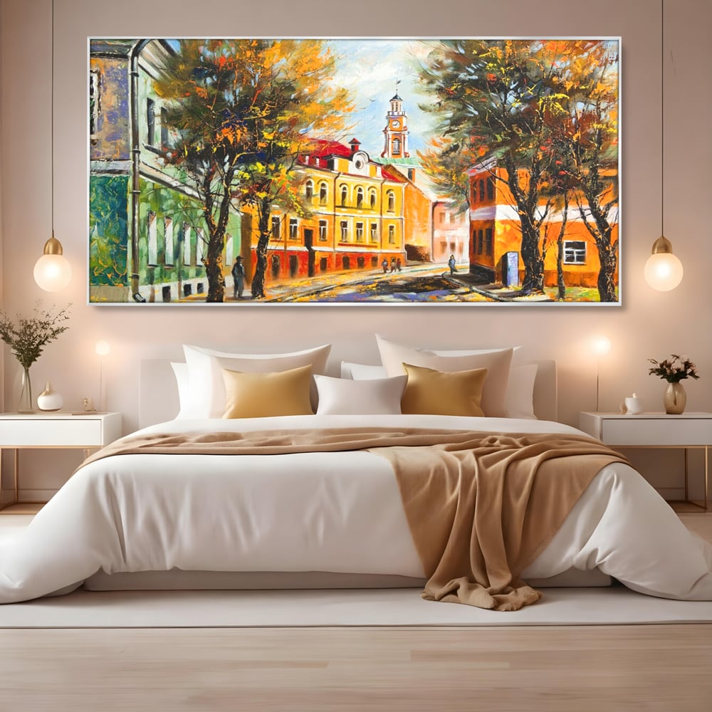 Tablou Canvas Premium LuxCanva® A1281, Oras La Ceas De Toamna, Living, Oameni, Cladiri, Strada, Dormitor, Culori Vibrante