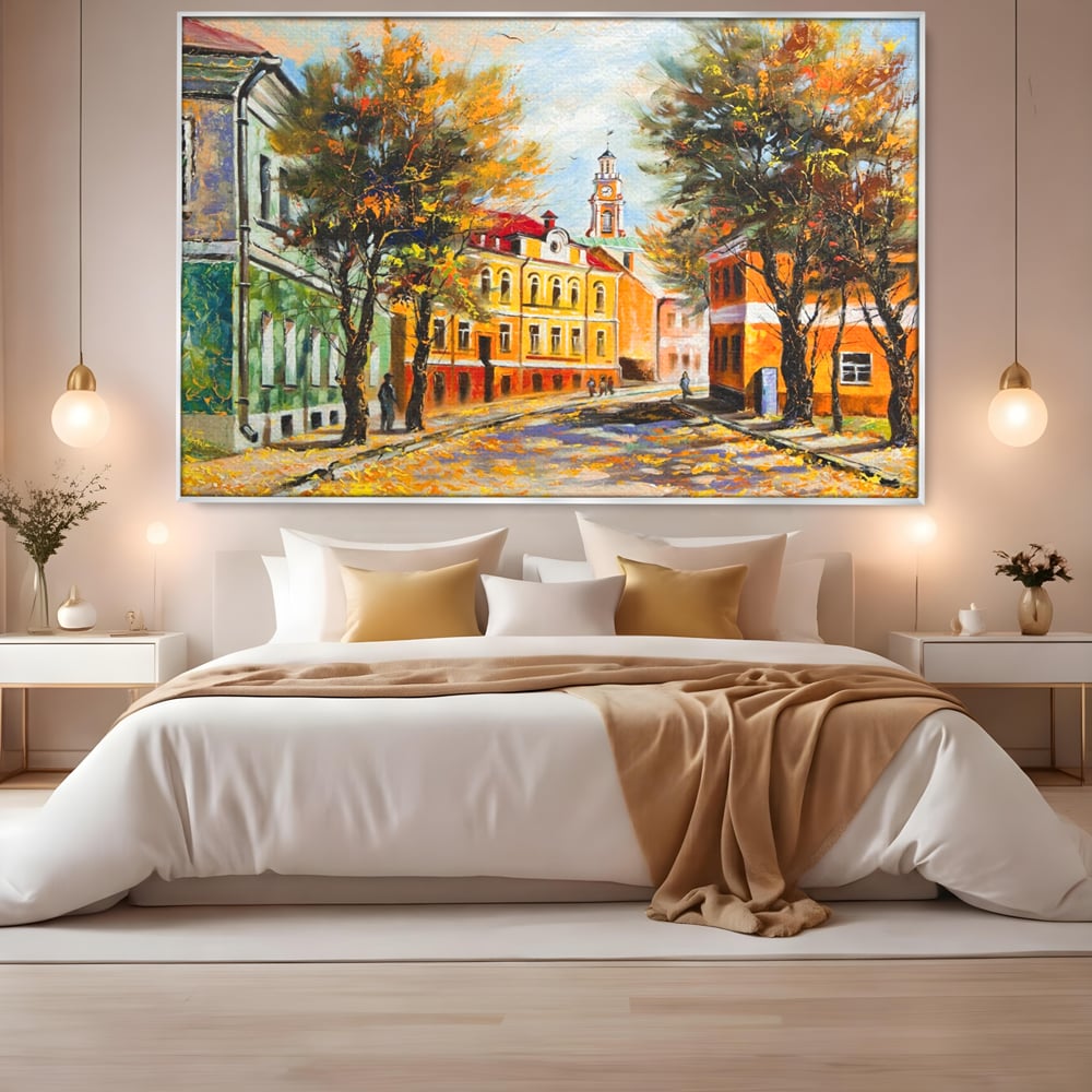 Tablou Canvas Premium LuxCanva® A1281, Oras La Ceas De Toamna, Living, Oameni, Cladiri, Strada, Dormitor, Culori Vibrante