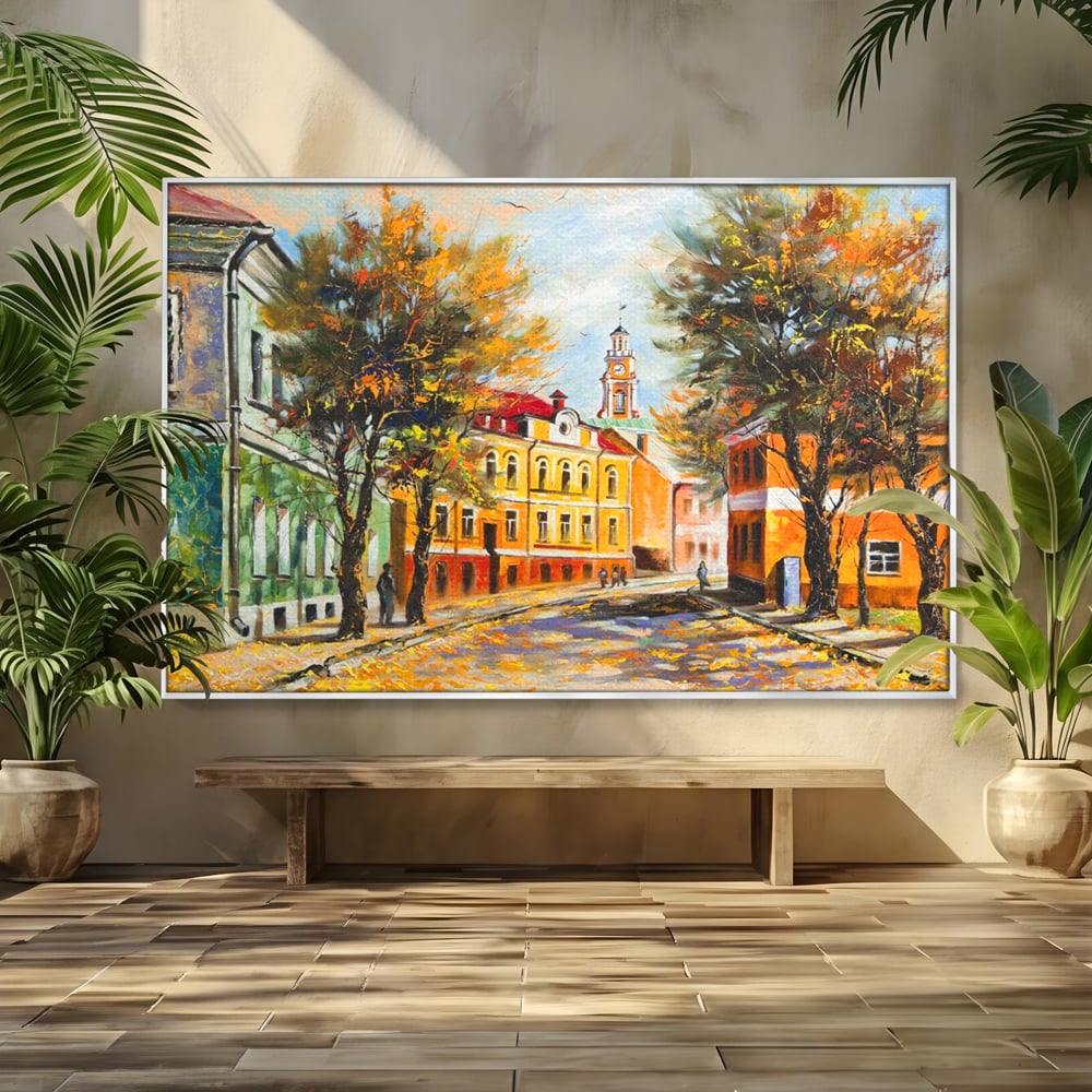 Tablou Canvas Premium LuxCanva® A1281, Oras La Ceas De Toamna, Living, Oameni, Cladiri, Strada, Dormitor, Culori Vibrante