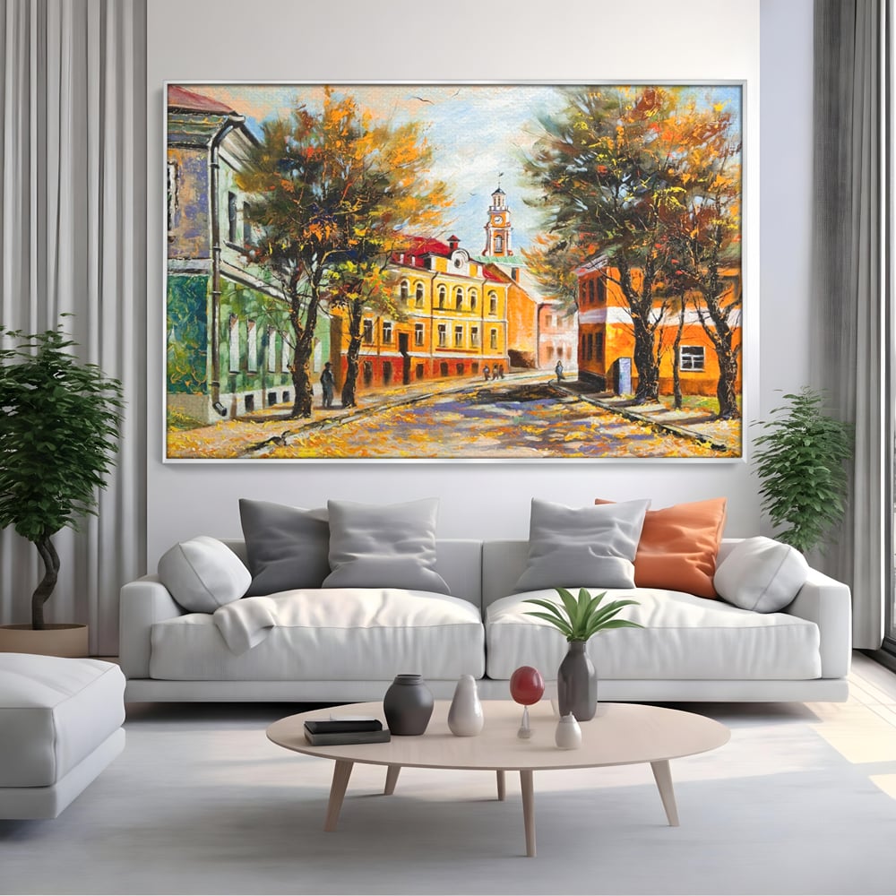 Tablou Canvas Premium LuxCanva® A1281, Oras La Ceas De Toamna, Living, Oameni, Cladiri, Strada, Dormitor, Culori Vibrante