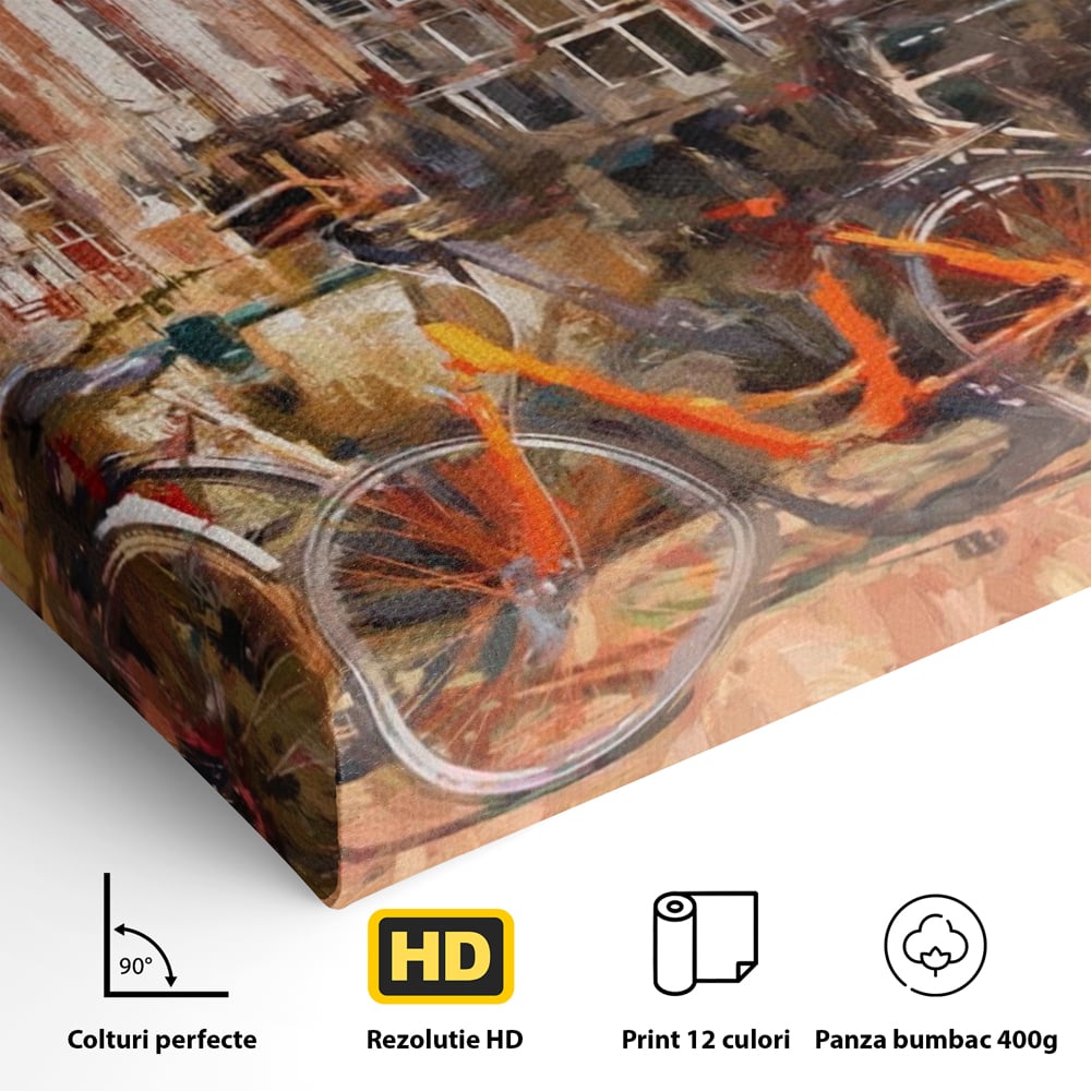 Tablou Canvas Premium LuxCanva® A1282, Bicicleta Portocalie, Living, Cladiri, Biciclete, Copac, Dormitor, Culori Vibrante