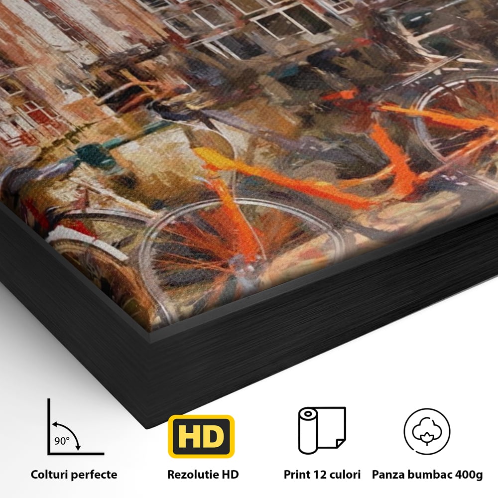 Tablou Canvas Premium LuxCanva® A1282, Bicicleta Portocalie, Living, Cladiri, Biciclete, Copac, Dormitor, Culori Vibrante