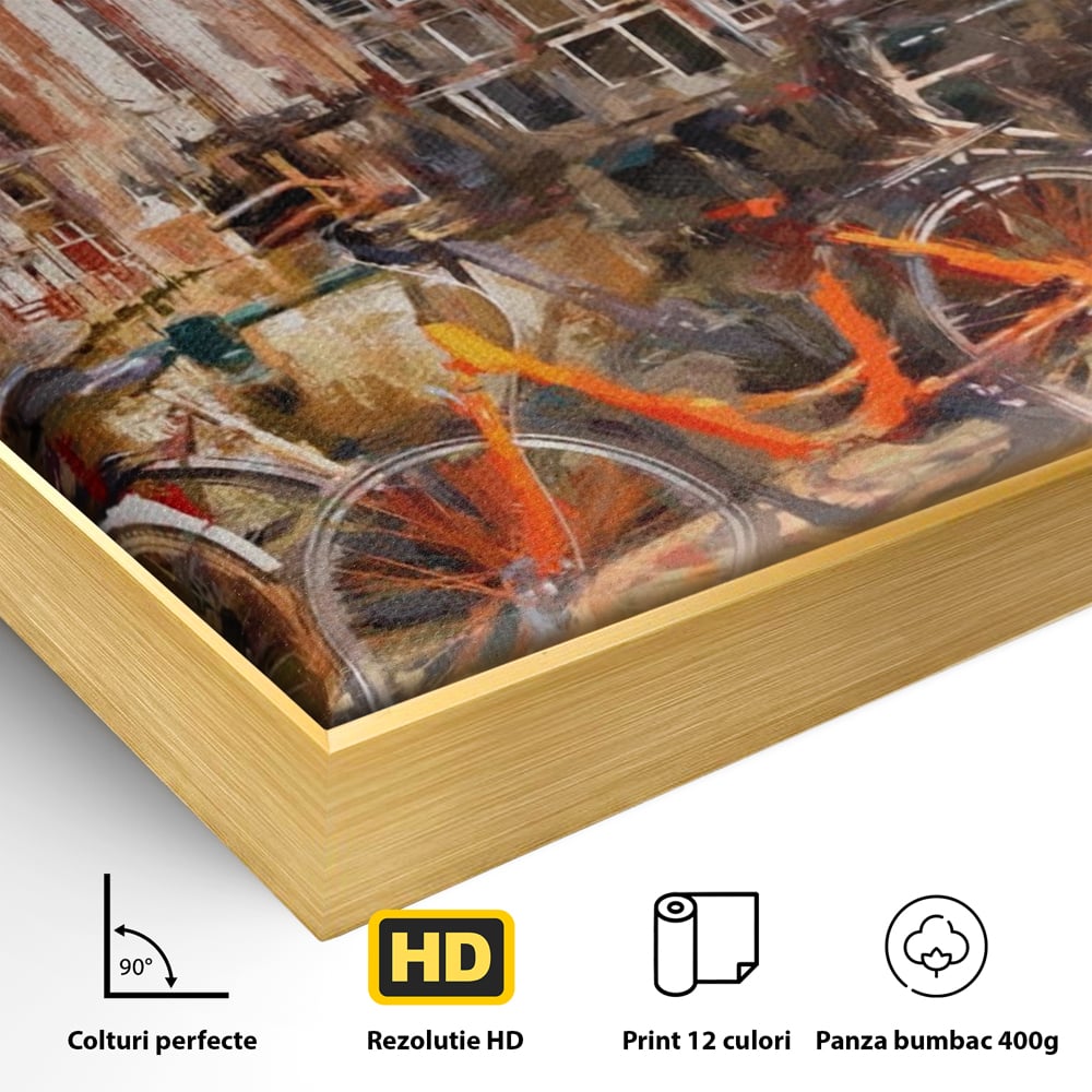 Tablou Canvas Premium LuxCanva® A1282, Bicicleta Portocalie, Living, Cladiri, Biciclete, Copac, Dormitor, Culori Vibrante